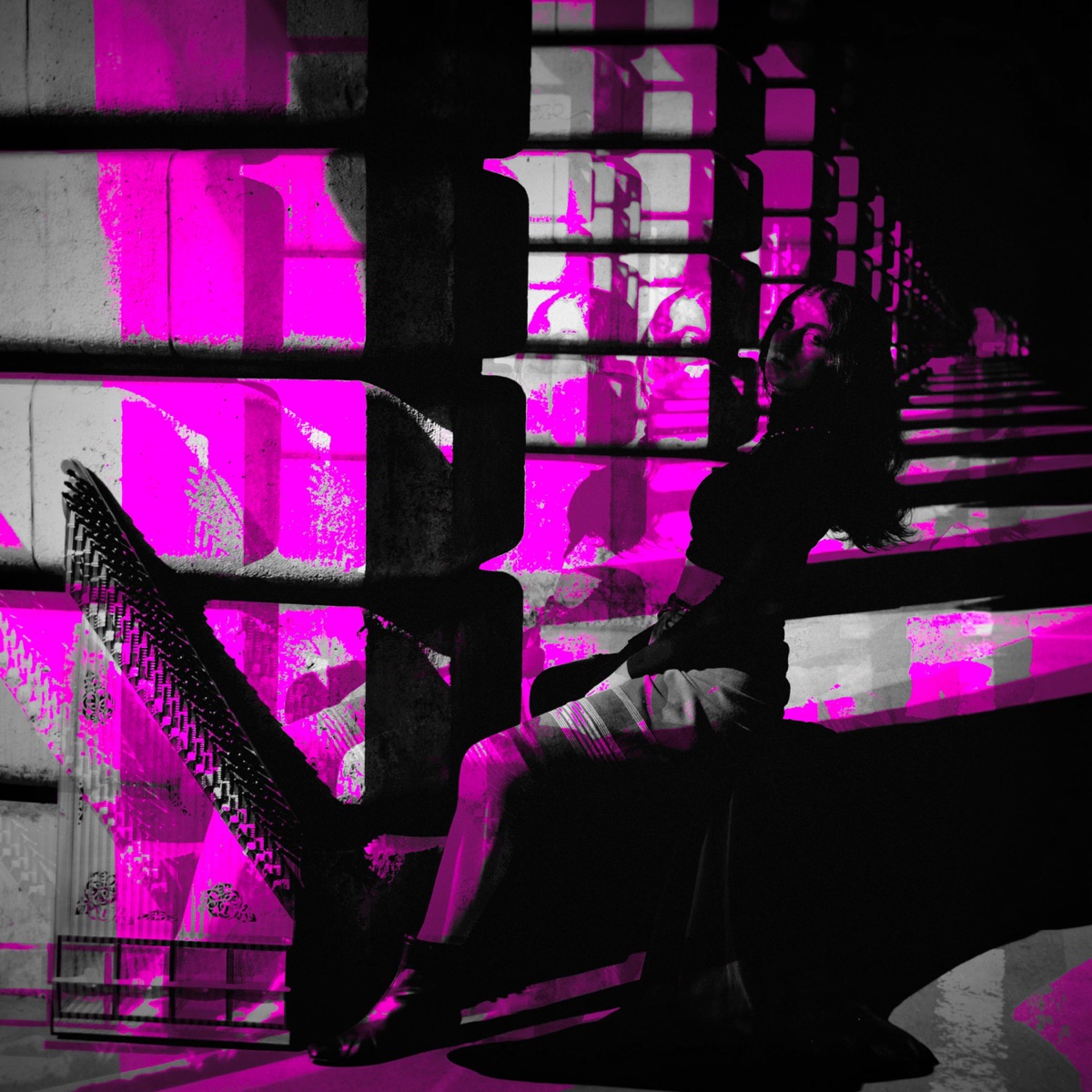 Qanunball single artwork: Asal Vaseghnia seated beside a qanun on a stone stairway, washed in magenta light