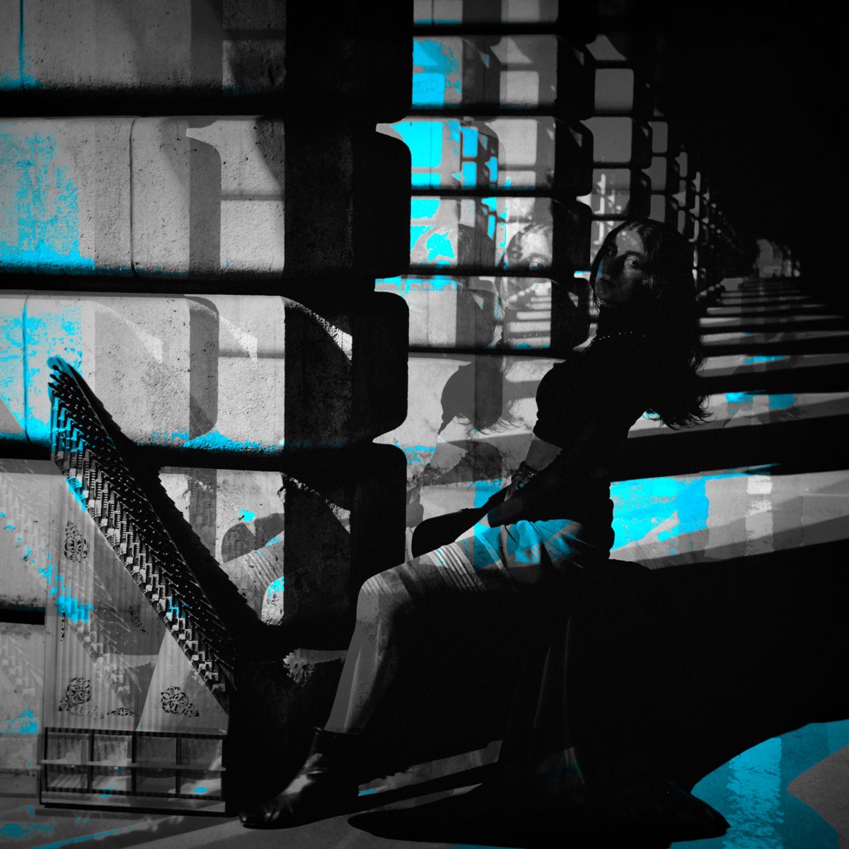 Sheytanake Man single artwork: Asal Vaseghnia with cyan projections